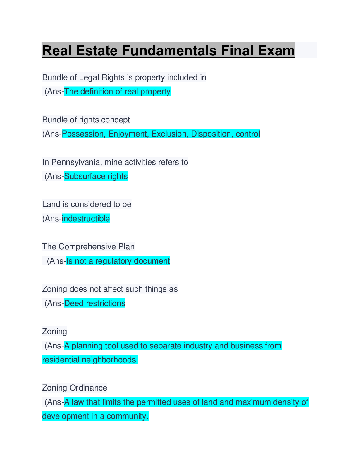 Real Estate Fundamentals Final Exam Updated A+ Score Guide Solution